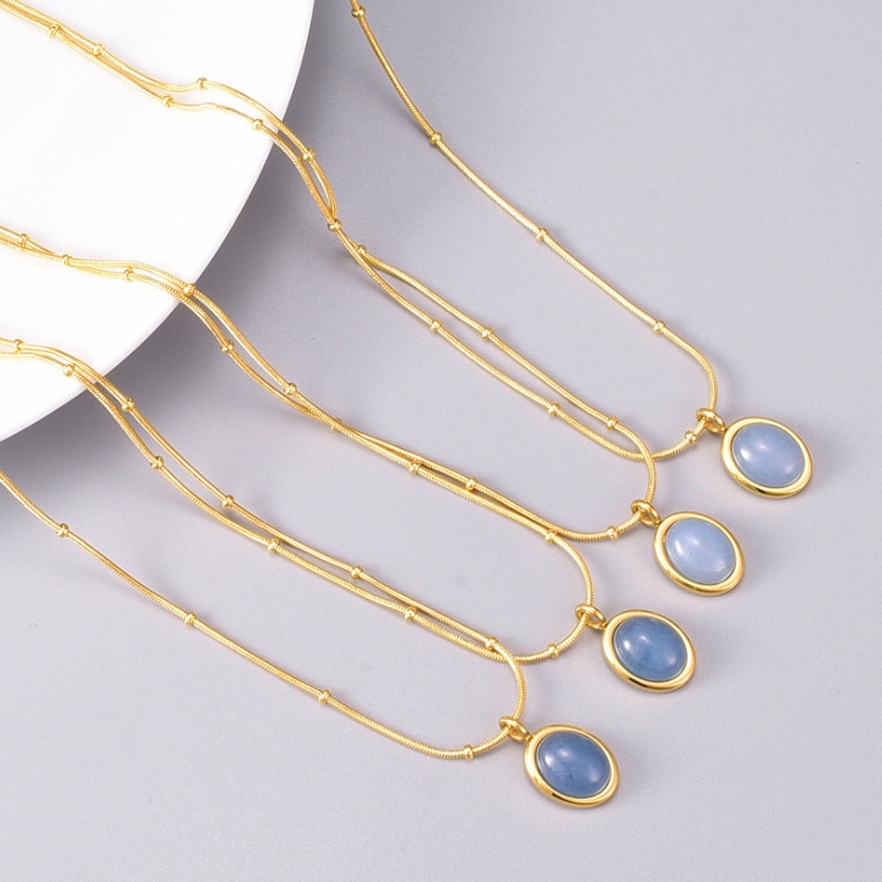 Dây Chuyền Mặt Đá Nhân Tạo Hình Oval Xanh Biển Titan Ko Đen TT 3903