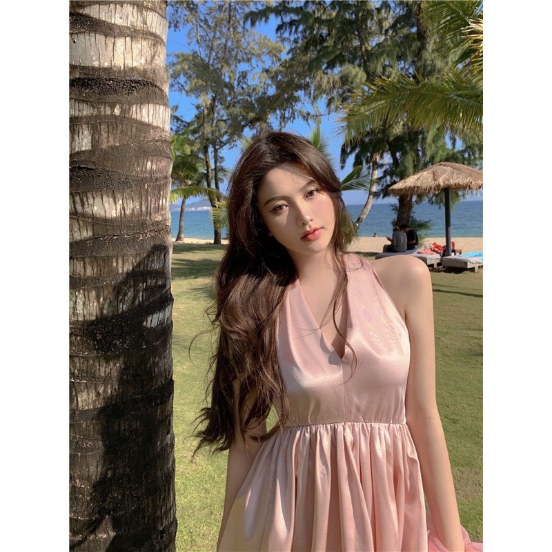 Đầm váy yếm lụa cột nơ, Đầm váy nữ xoè mút ngực hàng cao cấp | BigBuy360 - bigbuy360.vn