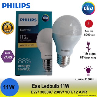 (Bộ 3) Bóng Philips LEDBulb ESS 11W E27 65000K hoặc 3000K 230V A60 ( sáng trắng hoặc vàng) - bảo hành 24 tháng