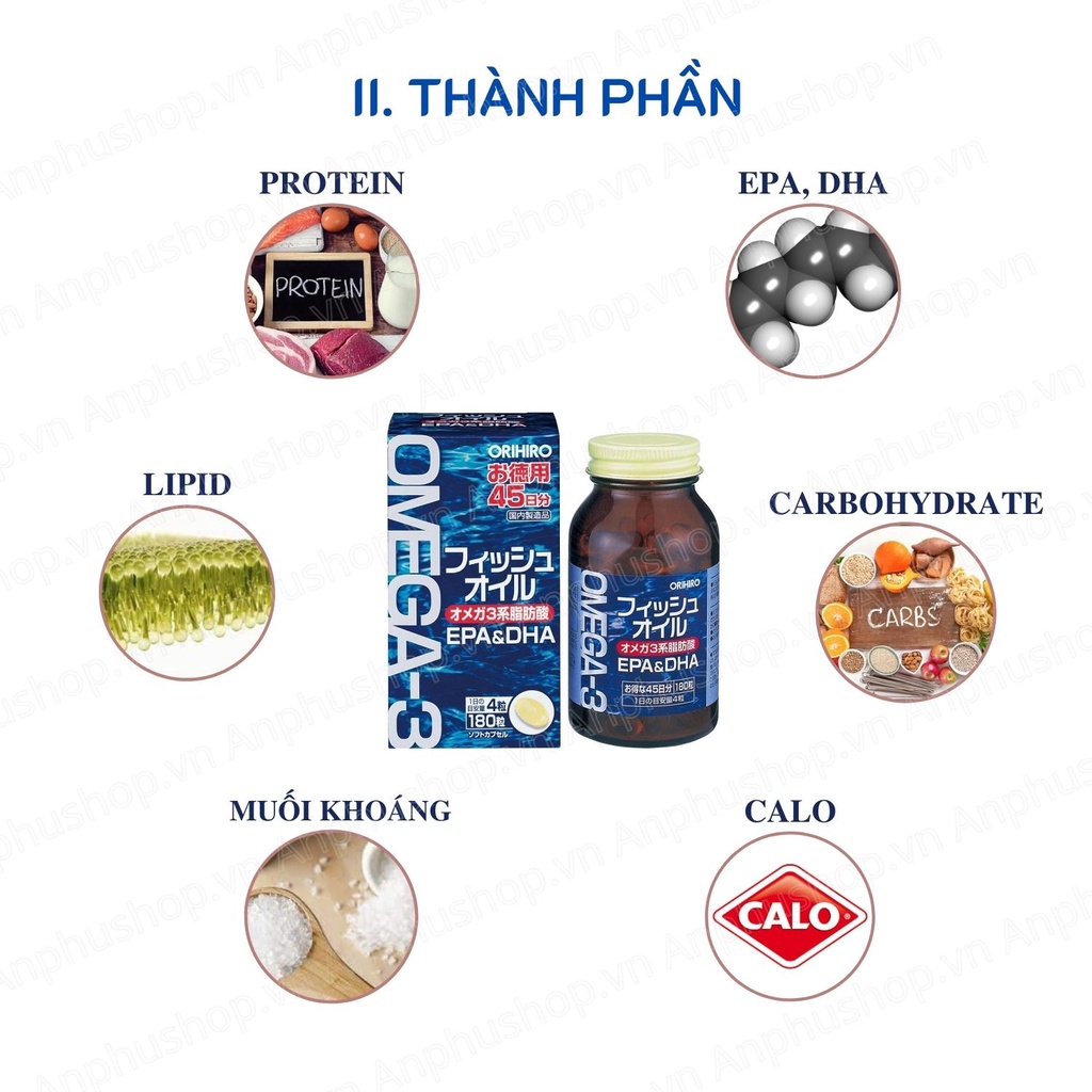 Dầu cá Omega-3 Orihiro Nhật Bản 180 viên, Viên uống bổ mắt, hỗ trợ tim mạch, trí não Orihiro - Sản phẩm chính hãng
