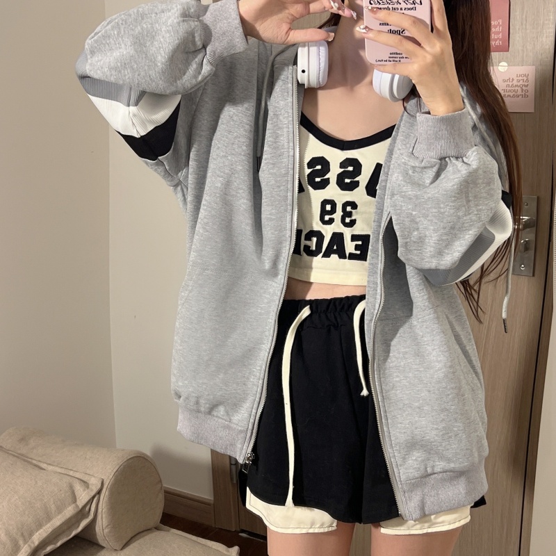 ZHELIHANGFEI Áo Khoác Hoodie Tay Dài Dáng Rộng Họa Tiết Kẻ Sọc Thời Trang