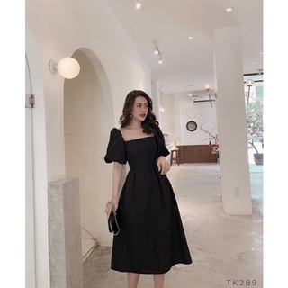 Đầm cổ vuông tay phồng xếp li eo