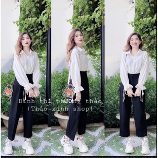áo sơ mi tay bồng thắt nơ tay và cổ, quần baggy đen