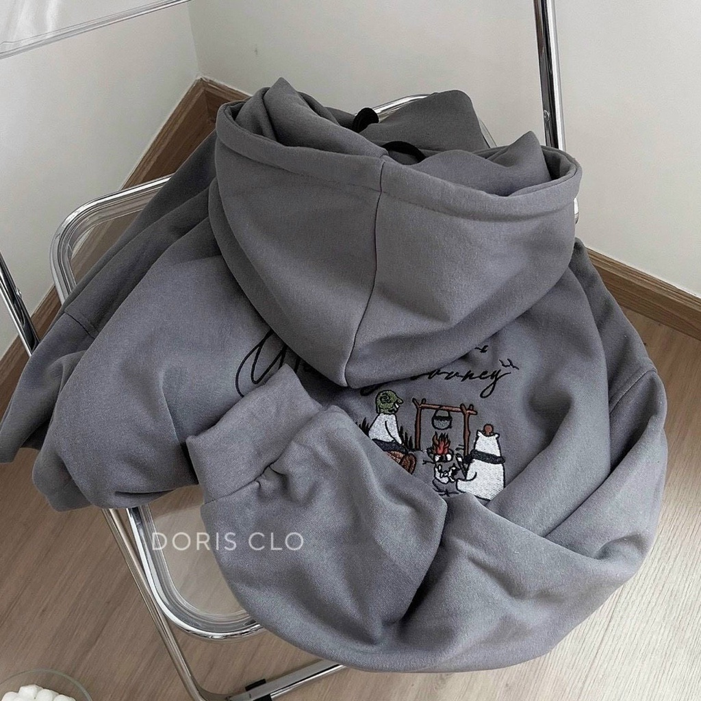 Áo hoodie xám thêu logo họa tiết tuổi teen from rộng dáng chuẩn