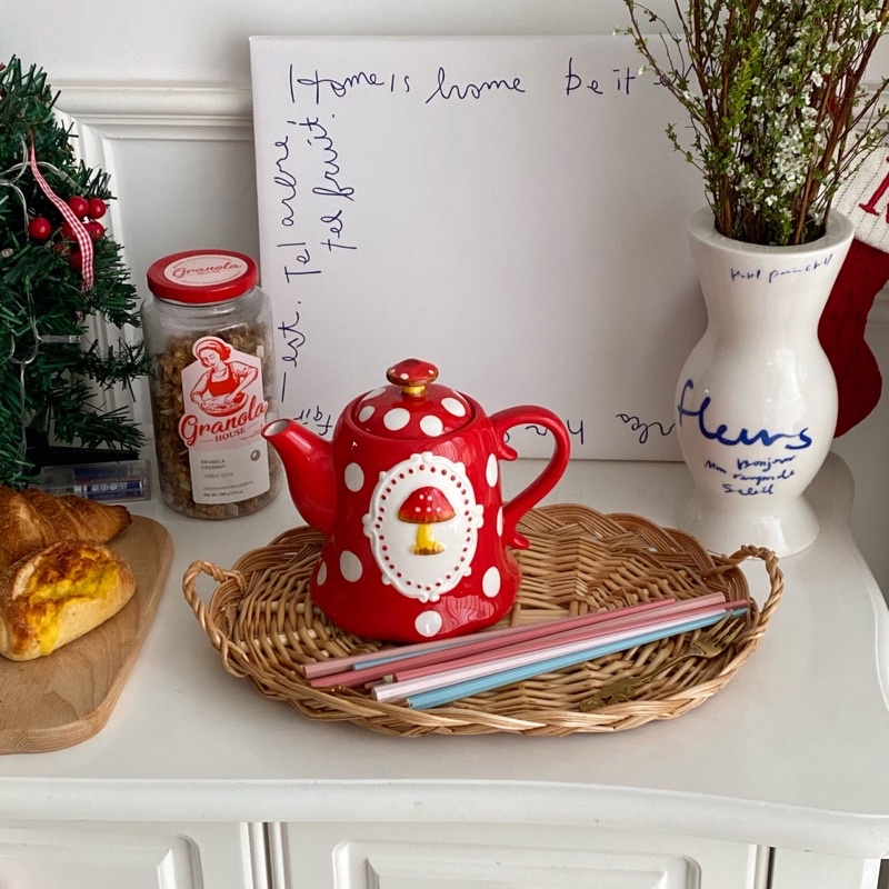 Set bát đĩa ấm tách gốm họa tiết dáng nấm siêu dễ thương