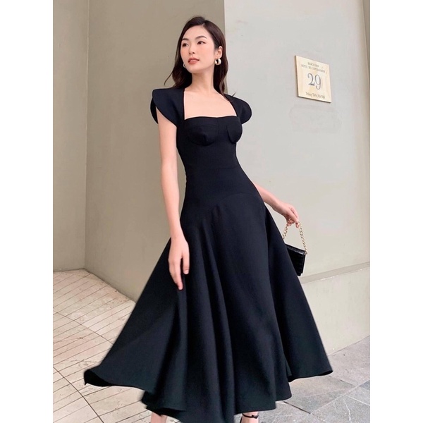 Đầm dự tiệc MINA vải tuyết mưa dáng xoè midi cổ thuyền ngắn tay đắp vai sang trọng quyến rũ dự tiệc đi chơi MN172
