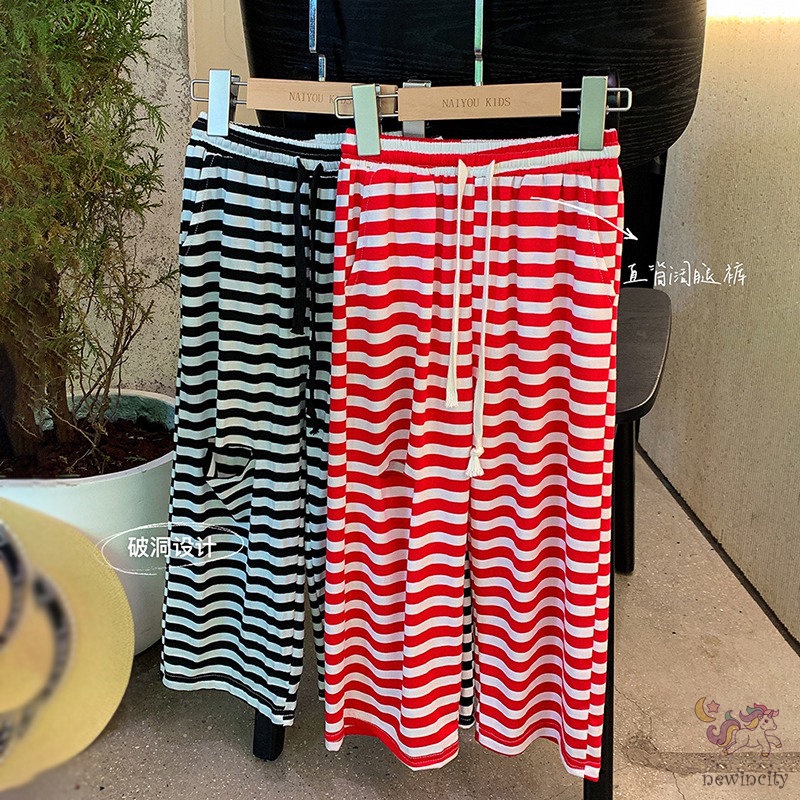 Quần Dài Ống Rộng Lưng Thun Họa Tiết Kẻ Sọc Thời Trang Hàn Quốc Cho Bé Gái