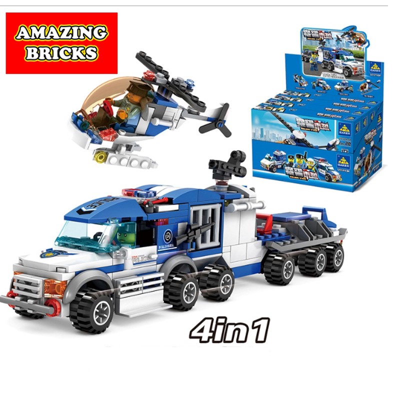 Đồ chơi lắp ráp xe cảnh tải cảnh sát màu xanh - Xe cảnh sát Kazi 67252 gồm 4 trong 1 - Đồ chơi xếp hình trí tuệ