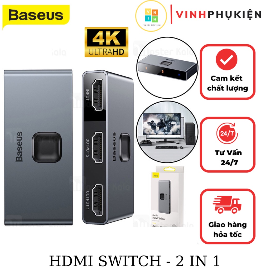 Thiết bị chuyển đổi hub 2 in 1 baseus maxtri hdmi switcher độ phân giải hỗ trợ lên tới 4k60hz chất liệu nhôm và nhựa ABS