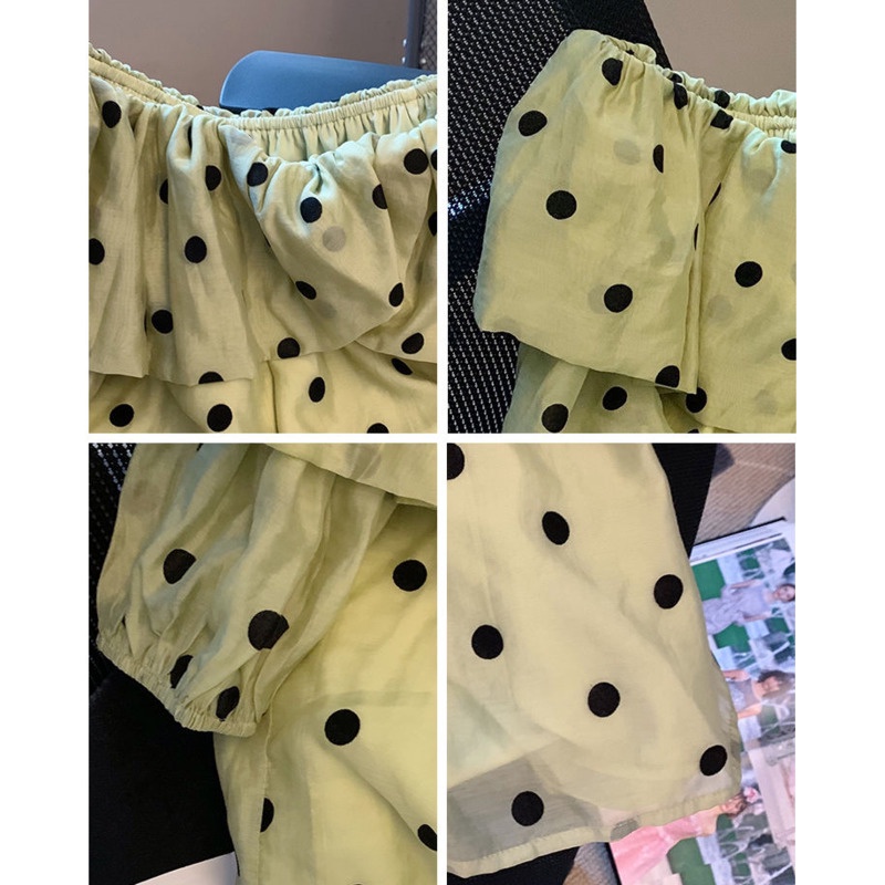 Áo Trễ Vai Dáng Rộng Tay Phồng Họa Tiết Chấm Bi Màu Xanh Lá Phong Cách Phương Tây Dành Cho Nữ