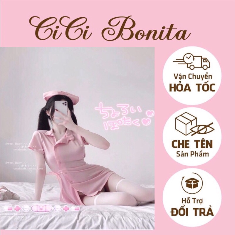 Đồ ngủ y tá sexy, set cosplay cô y tá gợi cảm kèm nón 3 màu hồng trắng đen dễ thương CICI BONITA CP43 ship hoả tốc HCM