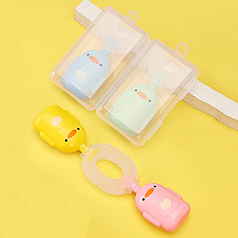 Bàn chải đánh răng hình chữ U bằng silicon hình hoạt hình có hộp đựng cho bé 2-12 tuổi