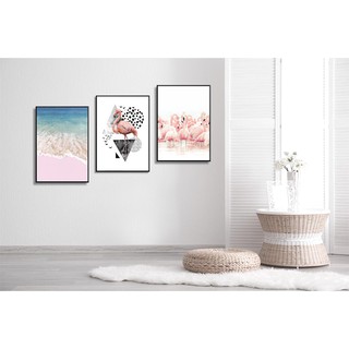 Combo 3 bức tranh canvas trang trí. Hồng hạc và đại dương.