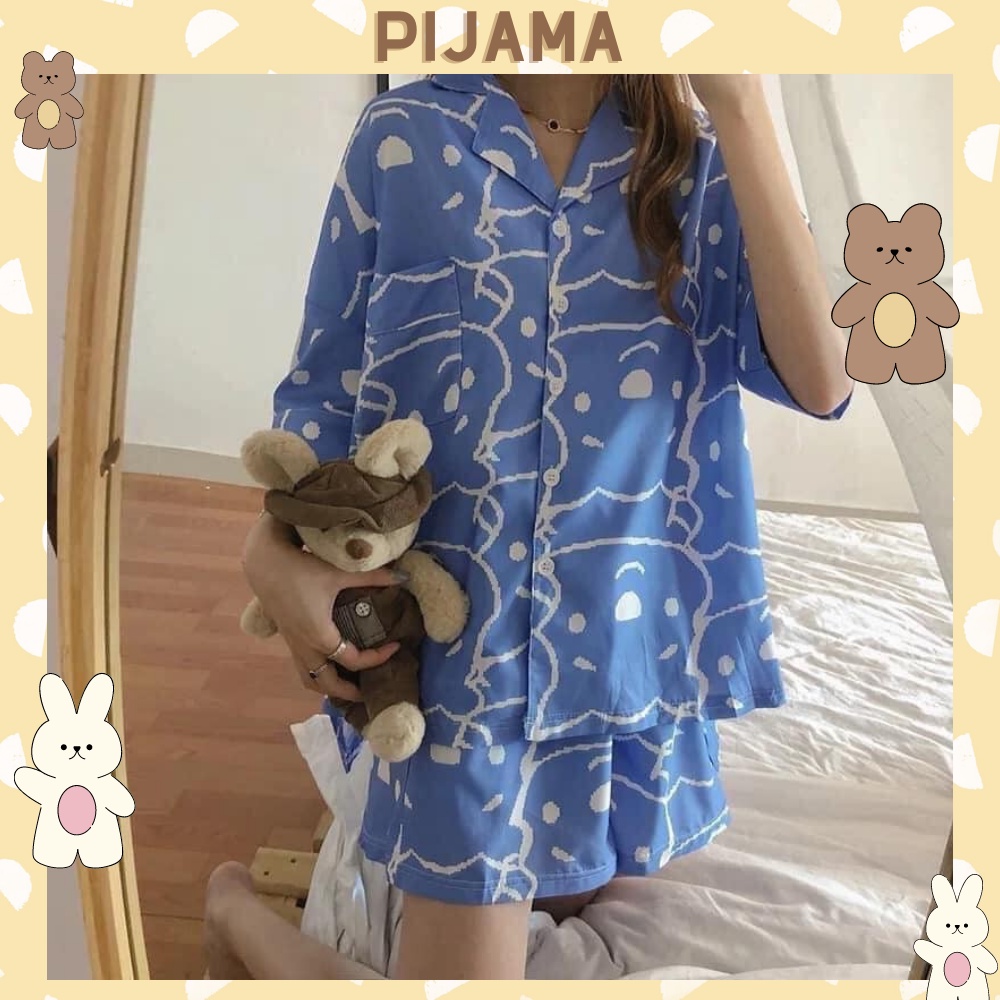 Bộ đồ ngủ pijama nữ cộc tay quần đùi chất lụa Kate Thái mềm mịn hai màu xanh, trắng họa tiết gấu hề hoạt hình