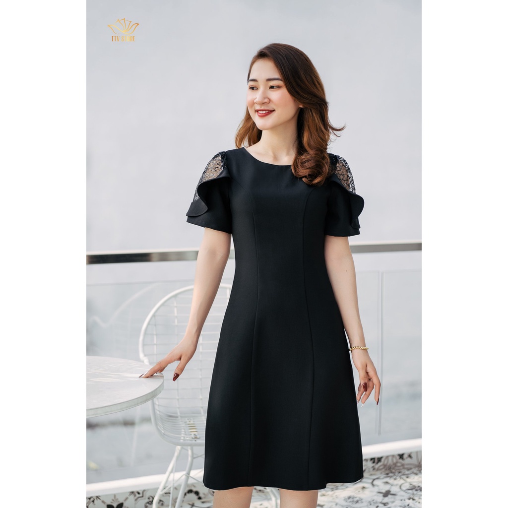 VIP Đầm công sở form suông cao cấp thiết kế cổ tròn phối ren ống tay màu đen - TTV865 TTV Store
