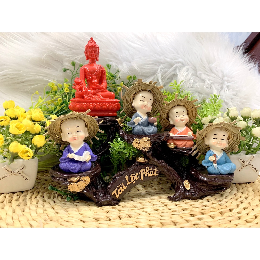 Tượng Phật Thích Ca và các chú tiểu Cầm Kỳ tọa đế Tài Lộc Phát ( Hình Thật )