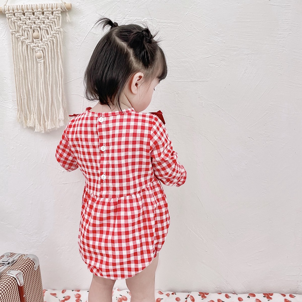 Áo liền quần SANLUTOZ tay dài họa tiết kẻ sọc ca rô xinh xắn dành cho bé gái