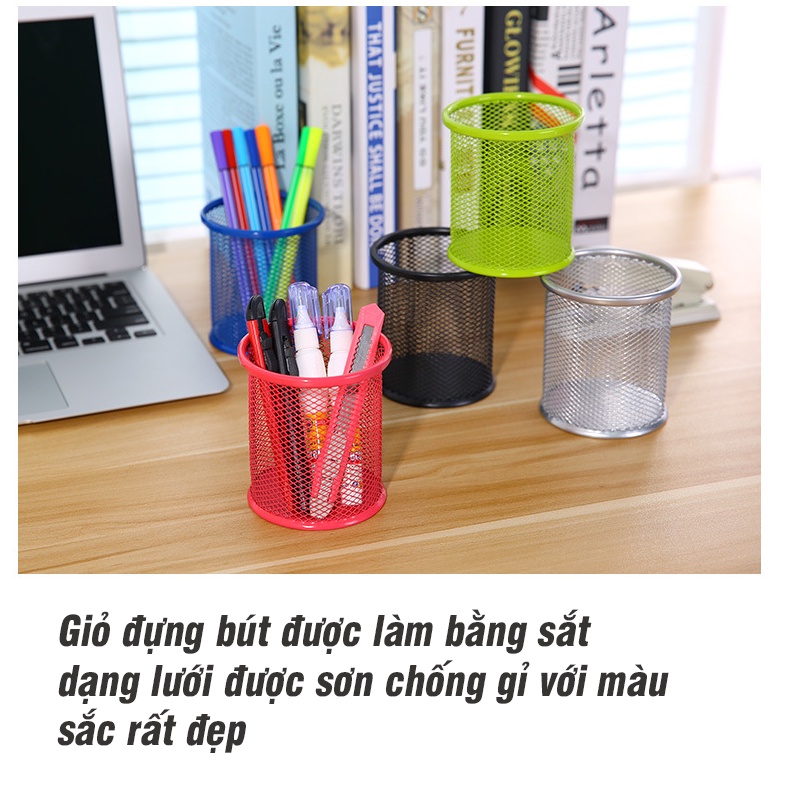 Giỏ đựng bút / Lọ cắm bút bằng lưới kim loại hình tròn dùng để trang trí bàn làm việc