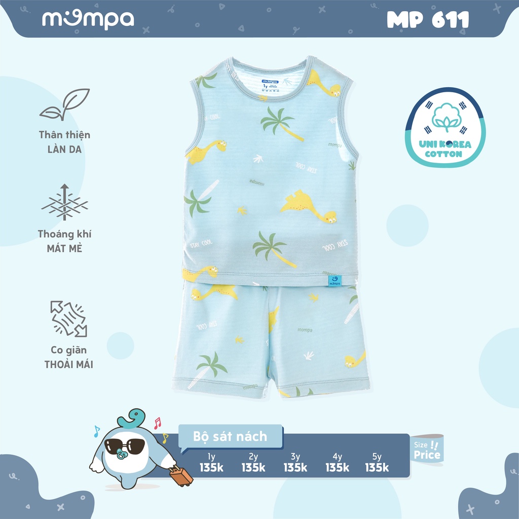Bộ quần áo cộc tay hè 3 lỗ cho bé Mompa từ 1-5 tuổi vải Cotton thấm hút thoáng mát co giãn mềm mại làn da bé 611