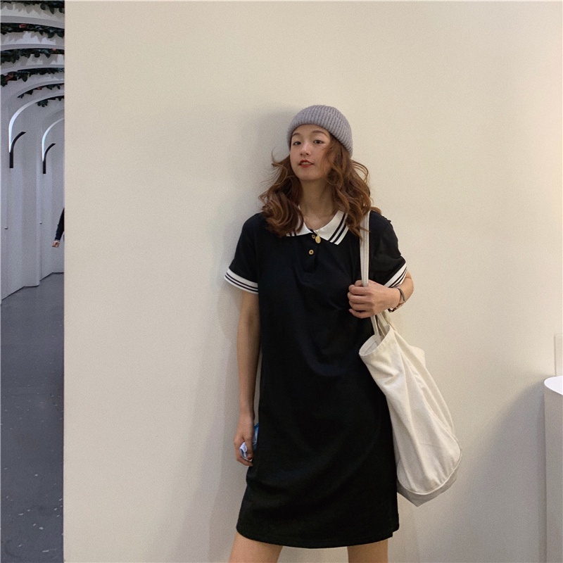 Đầm Cotton Ngắn Tay Cổ Polo Thời Trang Hàn Quốc Cho Nữ