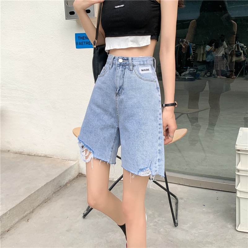 Korean style loose high waist slimming hole raw edge wide leg denim shorts women