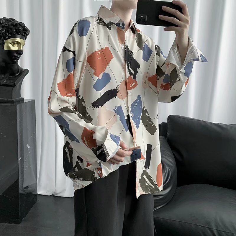 Korean street fashion men's long-sleeved wide-sleeved shirt with irregular color printing