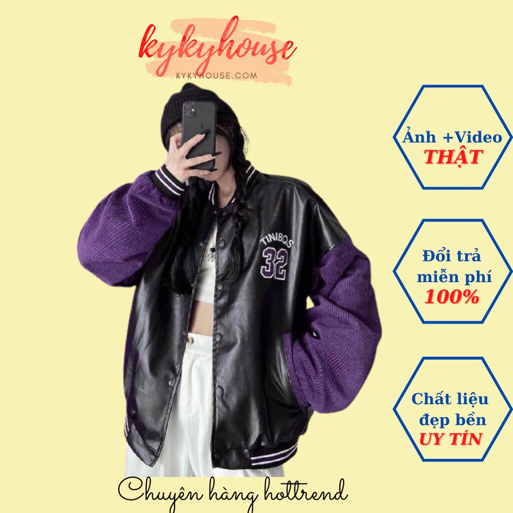 Áo Khoác Bomber Unisex Vải Dày Dặn Phối Da Cá Tính Thêu Chữ 32, Áo Khoác Nam Nữ Kykyhose thời trang hottrend