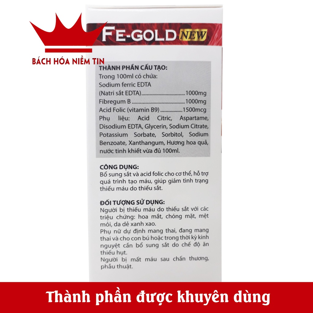 Bổ máu FE GOLD NEW Bổ sung sắt, Acid Folic cho bà bầu và trẻ từ 2 tuổi - Dạng siro an toàn, dễ uống - Hộp 20 ống 10ml