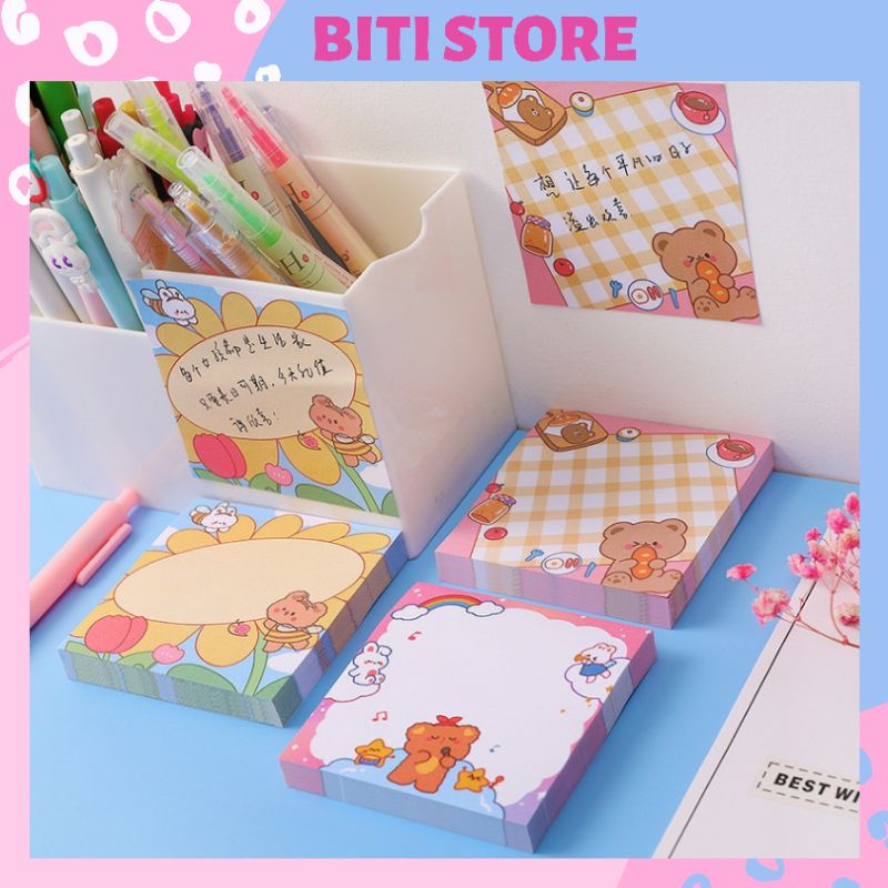 Giấy Ghi Chú, Giấy Note Tập 80 Tờ Hình Vuông Họa Tiết Gấu Nâu Dễ Thương BiTi Store