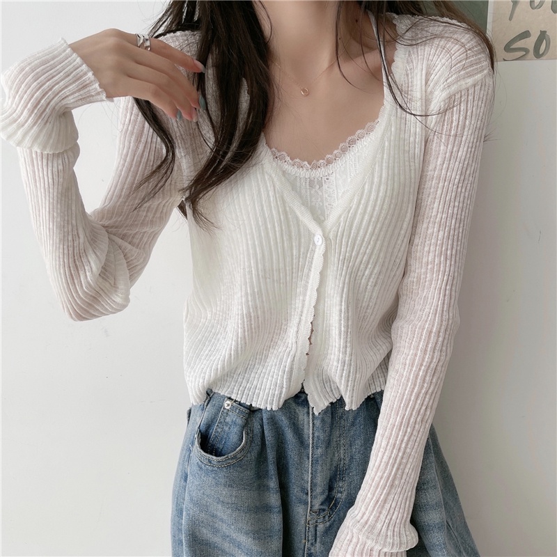 Áo len mỏng kiểu nữ cardigan Hàn Quốc Áo cardigan nữ dài tay khoác ngoài form rộng cổ V Thời trang