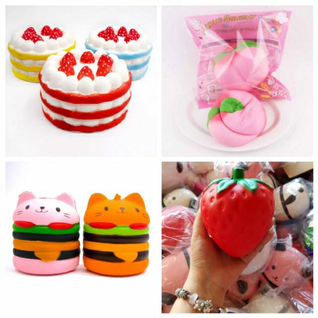 Squishy dâu size lớn + bánh 6 dâu + hamger