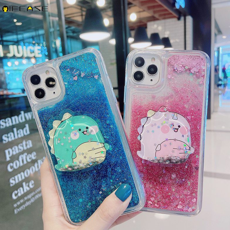 OPPO F11 F9 F5 F3 F1 Plus F1s K3 A83 A73 A73S A57 A39 A3 A1 Phone Case Quicksand Liquid Dinosaur Holder Stand Bracket Glitter Bling Cartoon Cute Clear Transparent Soft Case Cover