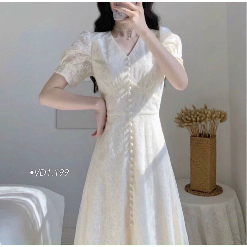 ĐẦM MIDI TRẮNG REN HOA PHỐI NÚT NGỌC thời trang giá rẻ