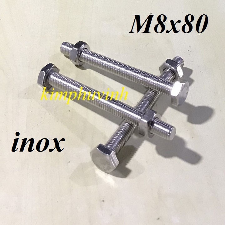5 BỘ - M8x80mm BULONG INOX - BULON  INOX 8li - ỐC INOX 8li