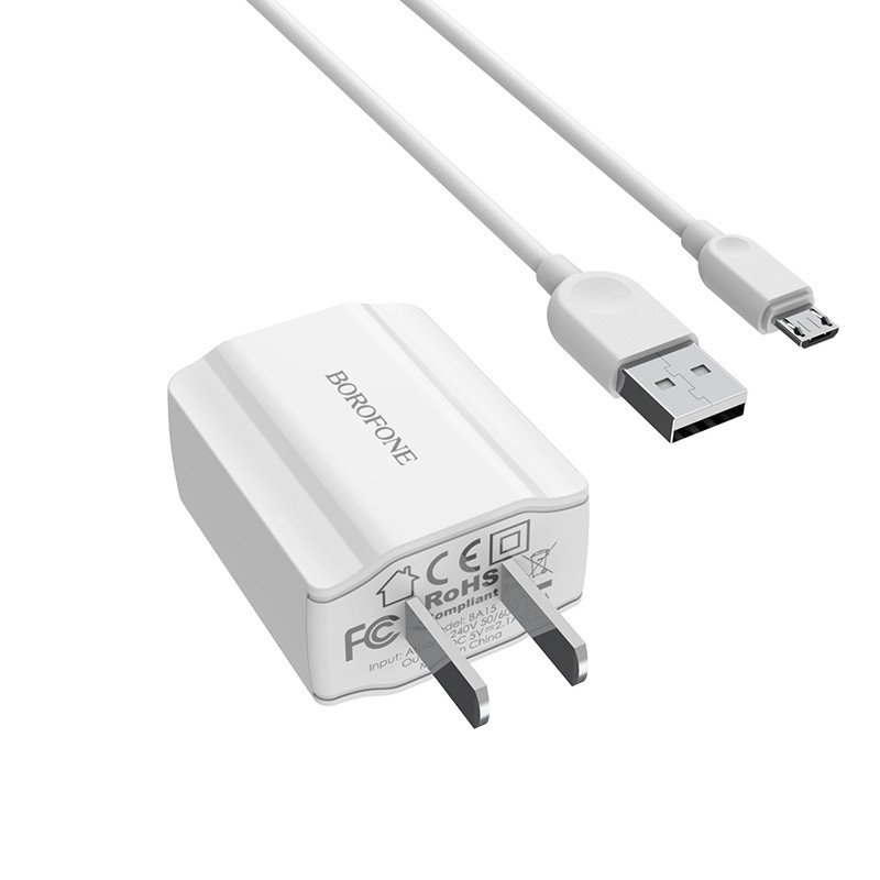 Cốc sạc củ sạc 1 cổng đầu ra 2.1A có kèm cáp Lightning, Micro-USB hoặc USB-C BOROFONE BA15 SmartPort