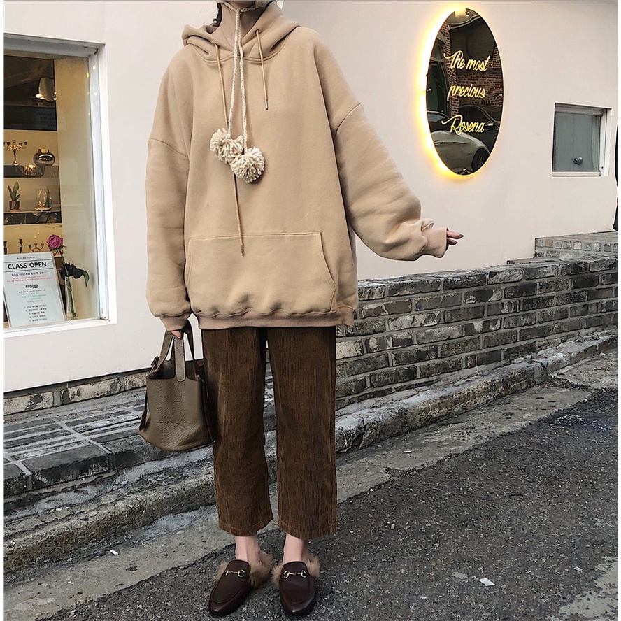 Áo hoodie dài tay dáng rộng màu trơn phong cách Hàn Quốc cho nữ