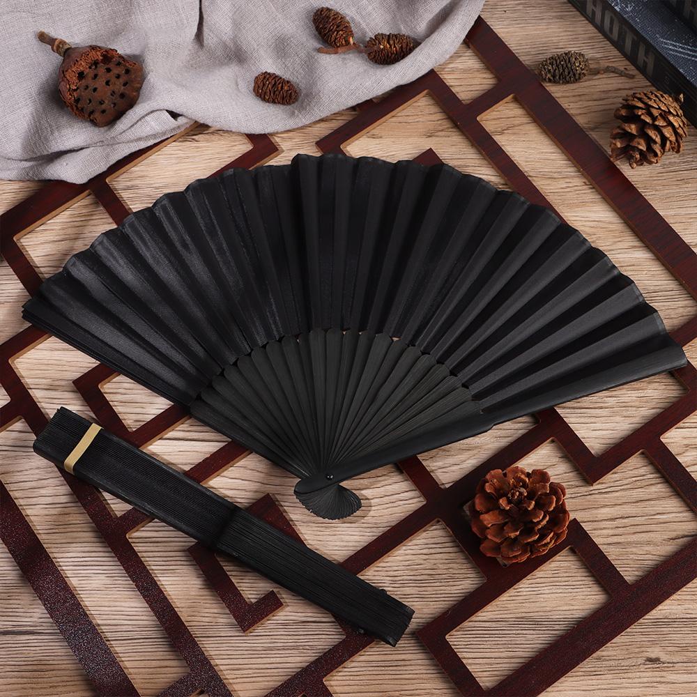 ♫Daphne♫ Quạt Xếp Cầm Tay Bằng Lụa Màu Đen 8.27&quot; (21cm) Phong Cách Trung Hoa