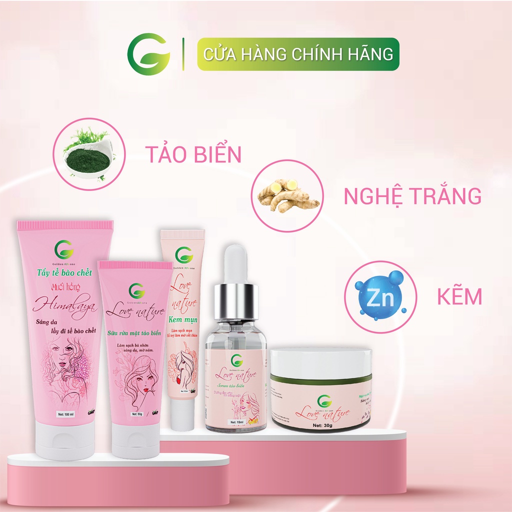 Combo chống lão hóa Love Nature gồm Tẩy tế bào chết, Sữa rửa mặt, Serum tảo biển, Kem mụn, Mặt nạ tảo biển