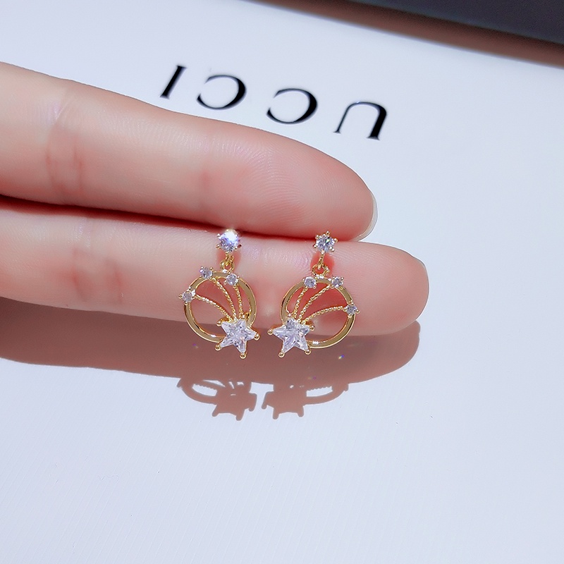 Bông tai JIUDUOLAN đính đá zircon mặt ngôi sao tròn sáng bóng đẹp mắt phong cách Hàn Quốc