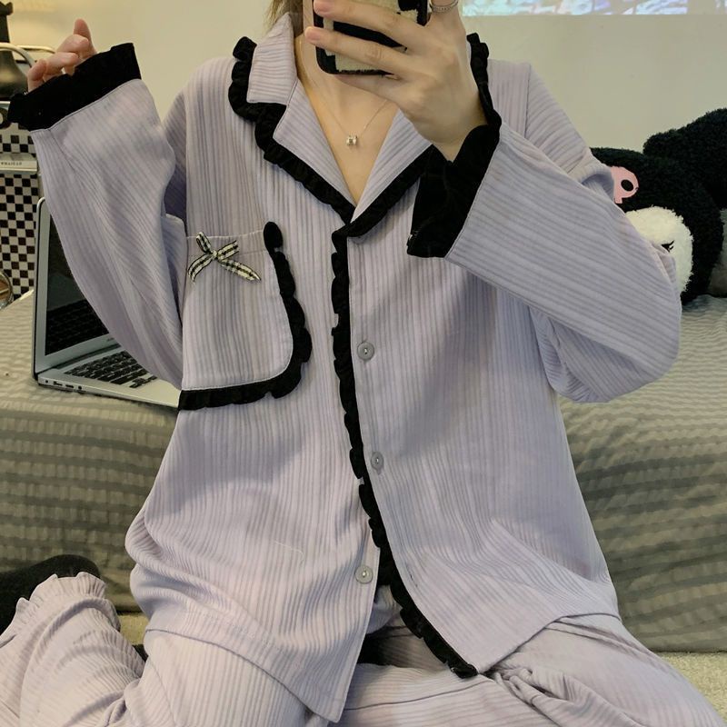 Bộ Đồ Ngủ Tay Dài Phối Bèo Màu Sắc Đơn Giản Thời Trang Xuân Thu Xinh Xắn Cho Nữ