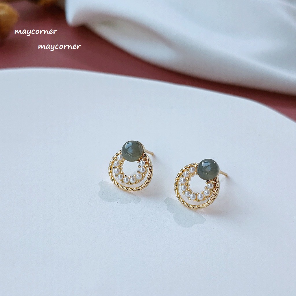 Bông tai đính ngọc tròn Mạ bạc 925 cao cấp B359