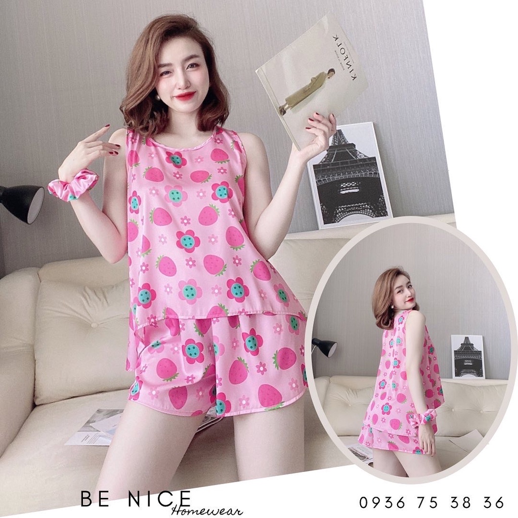 Set lụa ngắn cổ tròn lệch tà kèm cột tóc xinh xắn nhà Be Nice Homewear