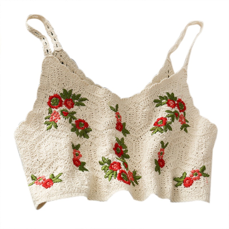 Áo Croptop Dệt Kim Không Tay Thêu Hoa Xinh Xắn Dành Cho Nữ