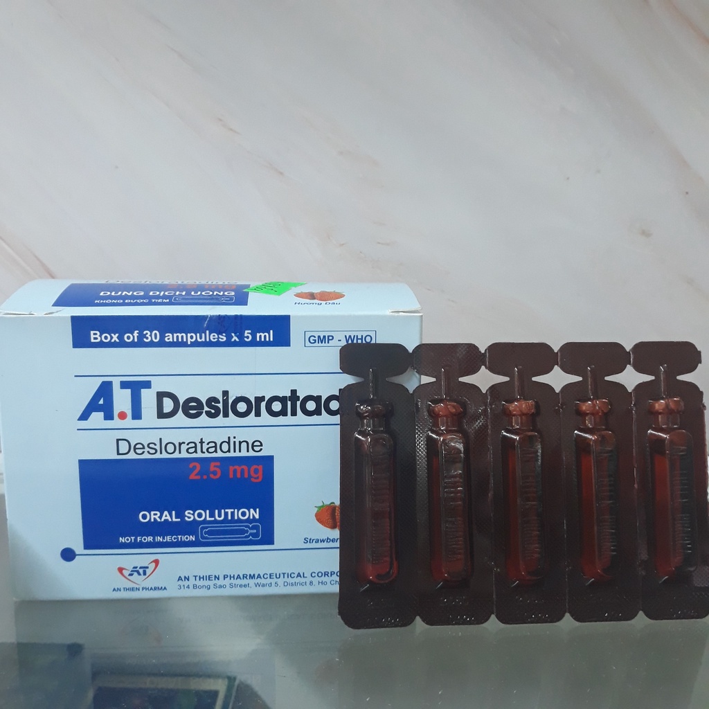 A.T Desloratadin hỗ trợ giảm tiết sổ mũi ,nghẹt mũi ,mẩn ngứa hộp 30 ống và 30 gói