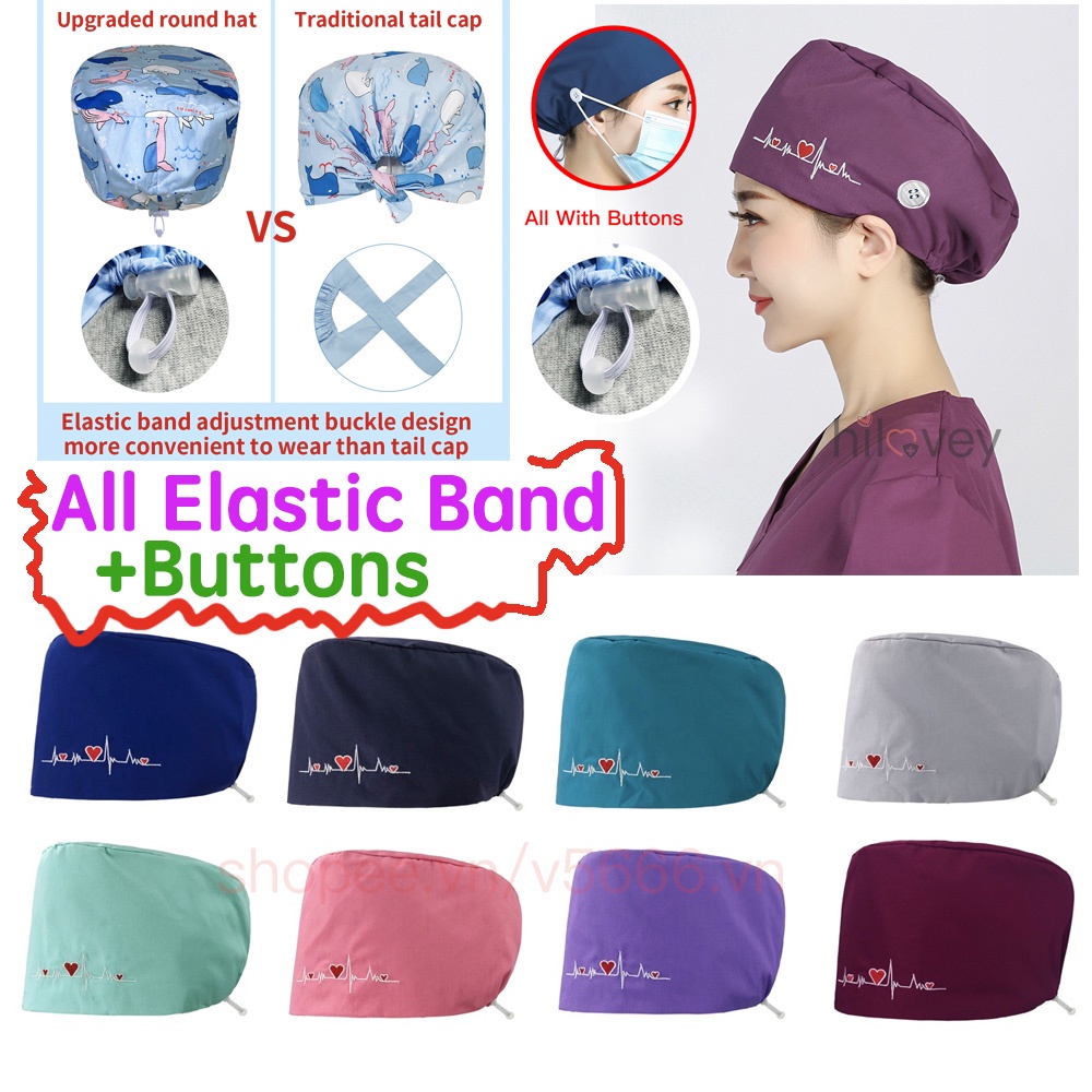 Mũ Y Tá Màu Trơn Có Nút Và Dây Thun Co Giãn Màu Trơn Cho Bác Sĩ / Y Tá Màu Sắc