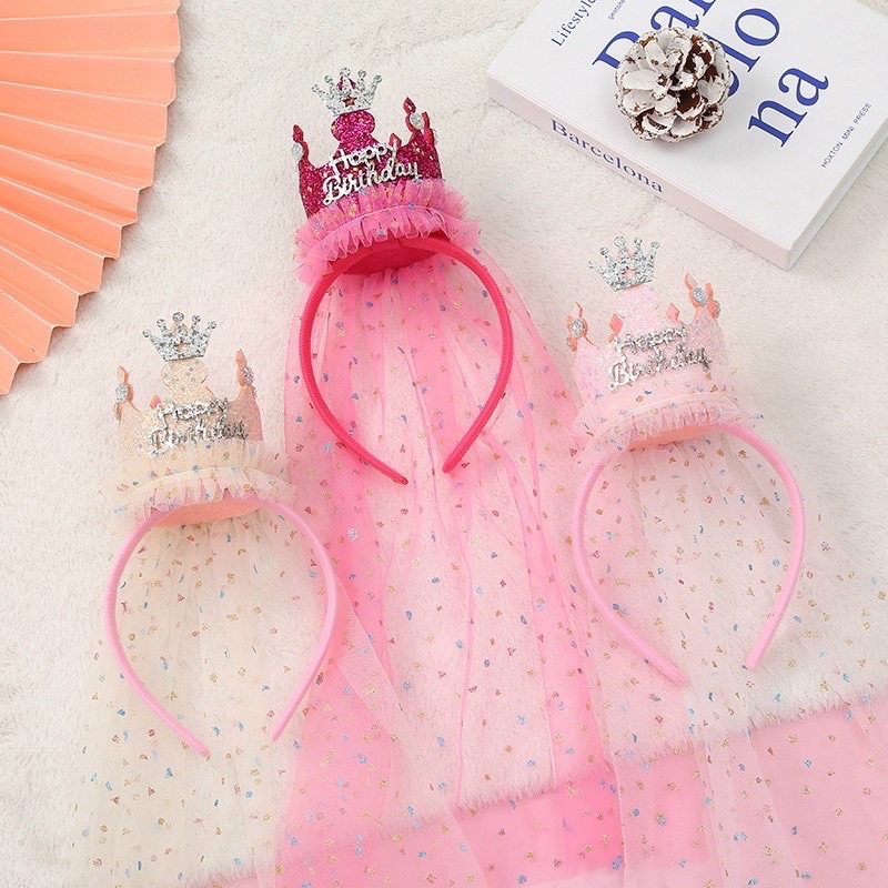 Cài bờm tóc Happy Birthday - vương miện kim tuyến-nón kim tuyến