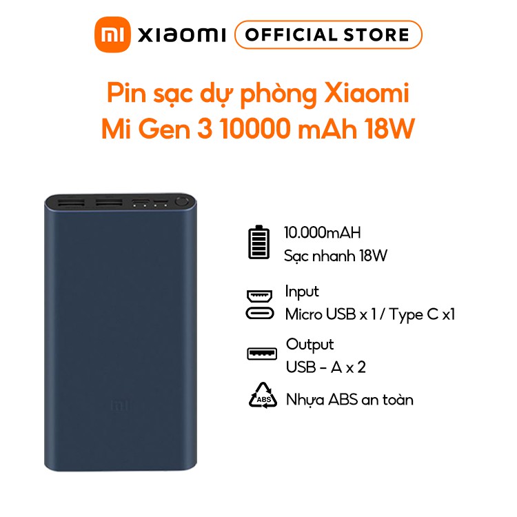 Pin sạc dự phòng Xiaomi Mi Gen 3 10000 mAh 18W - Hỗ trợ sạc nhanh