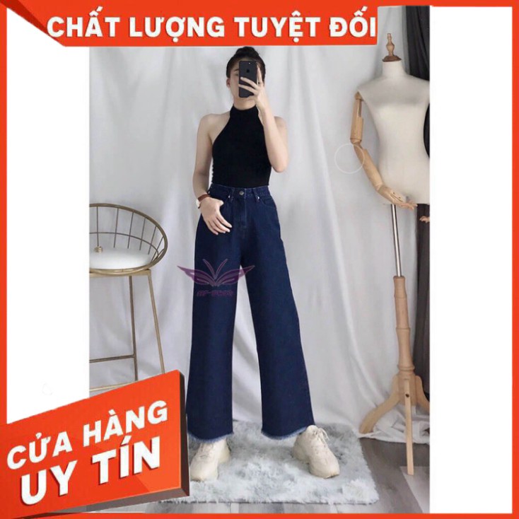 {Giá tận gốc} Quần jean nữ culottes ống rộng cạp cao tua lai chất vải dày/đậm, nhạt - HANA Shop