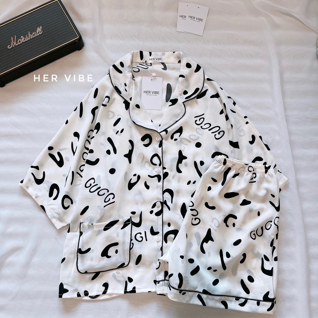 Bộ đồ pijama bộ ngủ nữ lụa đẹp set pyjama lụa nữ áo cộc quần ngắn siêu mát mềm trái tim hồng, bò sữa, da báo | BigBuy360 - bigbuy360.vn