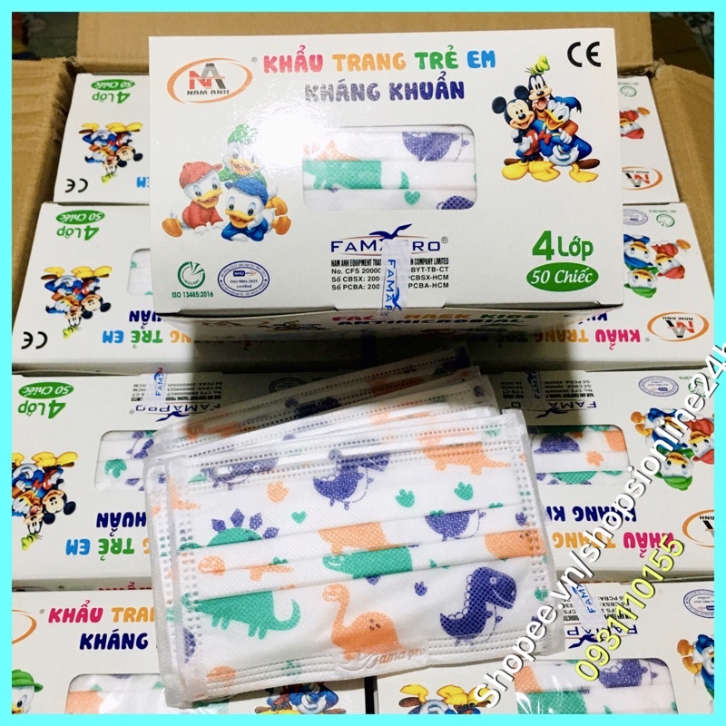 Hộp 50 cái khẩu trang y tế 4 lớp kháng khuẩn trẻ em Famapro Nam Anh hình khủng long